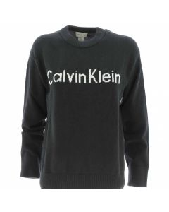 Calvin Klein Donna Maglia di Cotone Girocollo Tinta Unita Logo CK Ricamato