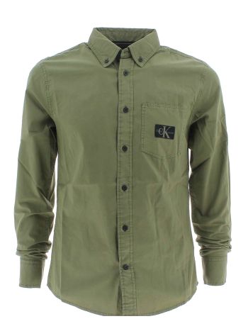 Calvin Klein Uomo Camicia Manica Lunga Stone Washed Tinta Unita Con Taschino