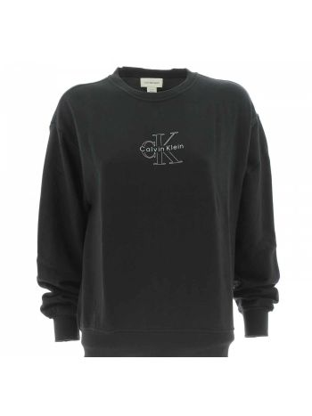 Felpa Nera Garzata Cotone Calvin Klein Donna Girocollo Tinta Unita Logo CK al Centro