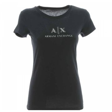 A|X Armani Exchange Donna T Shirt Tinta Unita Manica Corta Girocollo Logo AX con Strass