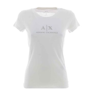 A|X Armani Exchange Donna T Shirt Tinta Unita Manica Corta Girocollo Logo AX con Strass