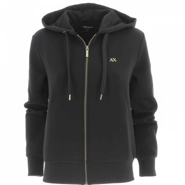 Felpa Garzata Cappuccio Full Zip A|X Armani Exchange Donna Tinta Unita Nero Logo AX in Metallo