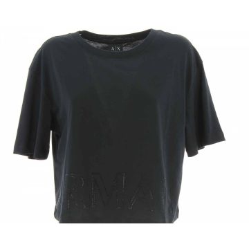 T Shirt Crop Manica Corta Girocollo A|X Armani Exchange Donna Nera Logo Armani con Strass