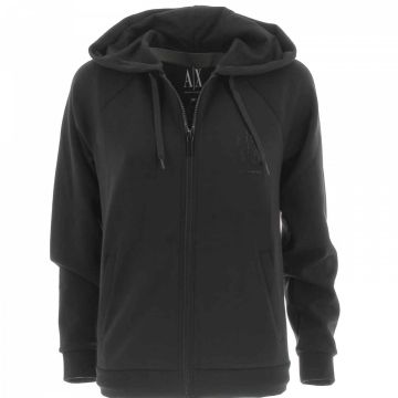 Felpa Nera Garzata con Cappuccio Full Zip A|X Armani Exchange Donna logo AX in Strass