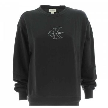 Felpa Nera Garzata Cotone Calvin Klein Donna Girocollo Tinta Unita Logo CK al Centro