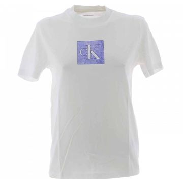 T Shirt Manica Corta Girocollo Calvin Klein Donna Tinta Unita Logo CK a Contrasto di Colore