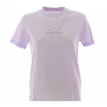 T Shirt Manica Corta Calvin Klein Donna Girocollo Tinta Unita con Logo CK Glitterato