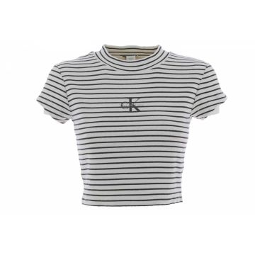 T Shirt Crop a Righe Manica Corta Girocollo Calvin Klein Donna