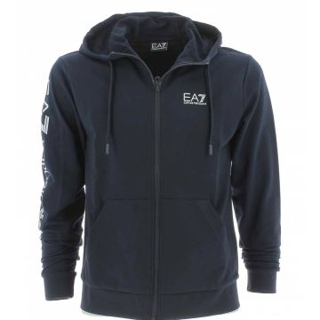 Felpa Garzata Cappuccio Full Zip EA7 Emporio Armani Uomo Tinta Unita con Grande Logo EA7 sulla Manica