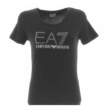 T Shirt Donna Manica Corta Girocollo EA7 Emporio Armani Nera con logo EA7 in Strass