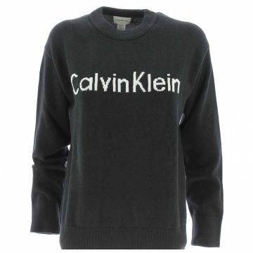 Calvin Klein Donna Maglia di Cotone Girocollo Tinta Unita Logo CK Ricamato