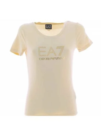 EA7 Emporio Armani Donna T Shirt Manica Corta Giro Collo Tinta Unita con Logo EA7 in Strass