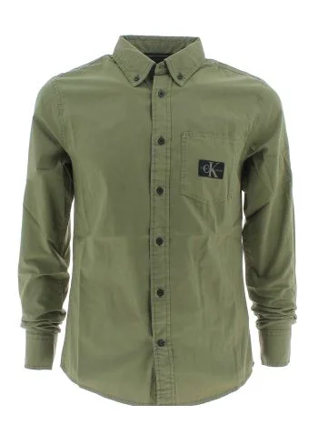 Calvin Klein Uomo Camicia Manica Lunga Stone Washed Tinta Unita Con Taschino