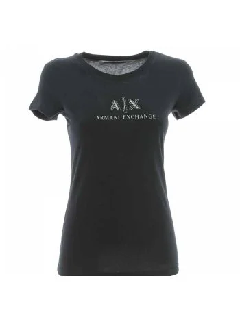 A|X Armani Exchange Donna T Shirt Tinta Unita Manica Corta Girocollo Logo AX con Strass