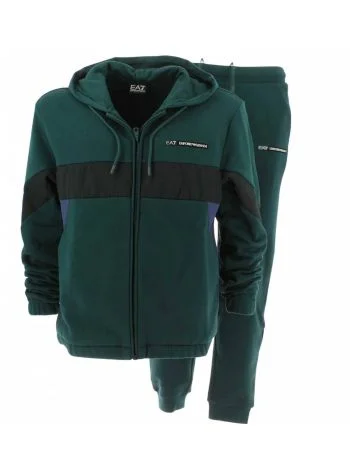 Tuta Felpa Felpata Full Zip Cappuccio EA7 Emporio Armani Uomo Bicolore con Inserti in Microfibra