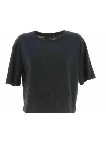 T Shirt Crop Manica Corta Girocollo A|X Armani Exchange Donna Nera Logo Armani con Strass