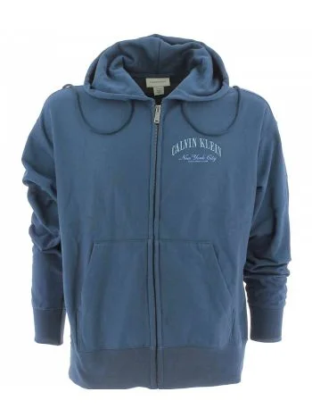 Felpa Garzata Full Zip Cappuccio Calvin Klein Uomo Tinta Unita Logo Calvin Klein Ricamato