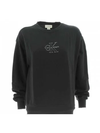 Felpa Nera Garzata Cotone Calvin Klein Donna Girocollo Tinta Unita Logo CK al Centro