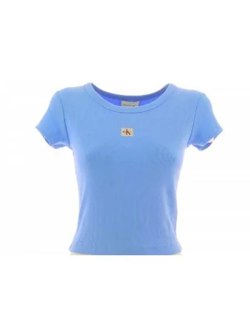 T Shirt Elasticizzata Manica Corta Girocollo Crop Calvin Klein Donna a Costine