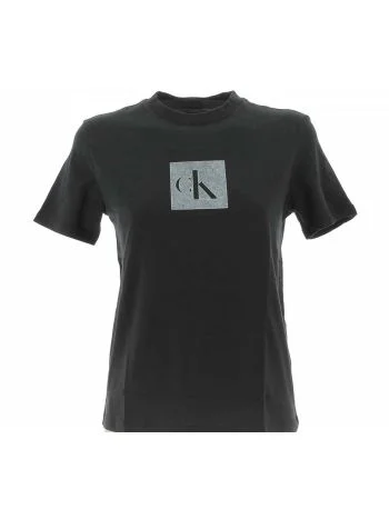 T Shirt Manica Corta Girocollo Calvin Klein Donna Tinta Unita Logo CK a Contrasto di Colore