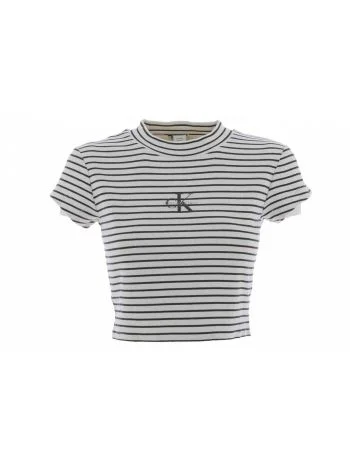 T Shirt Crop a Righe Manica Corta Girocollo Calvin Klein Donna