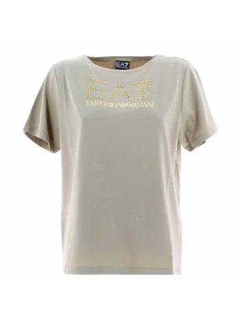 T Shirt Manica Corta Girocollo EA7 Emporio Armani Donna con Logo EA7 in Strass Tinta Unita