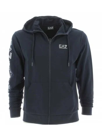 Felpa Garzata Cappuccio Full Zip EA7 Emporio Armani Uomo Tinta Unita con Grande Logo EA7 sulla Manica