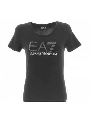 T Shirt Donna Manica Corta Girocollo EA7 Emporio Armani Nera con logo EA7 in Strass